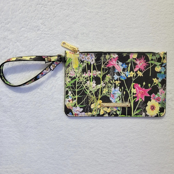 NWOT Betsey Johnson Black Floral Wristlet 8.5" X 5.5" Zip Close Gold Hardware - Picture 2 of 8